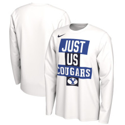 BYU Cougars Nike 2021 Postseason Basketball JUST US Bench Legend Long Sleeve T-Shirt - White